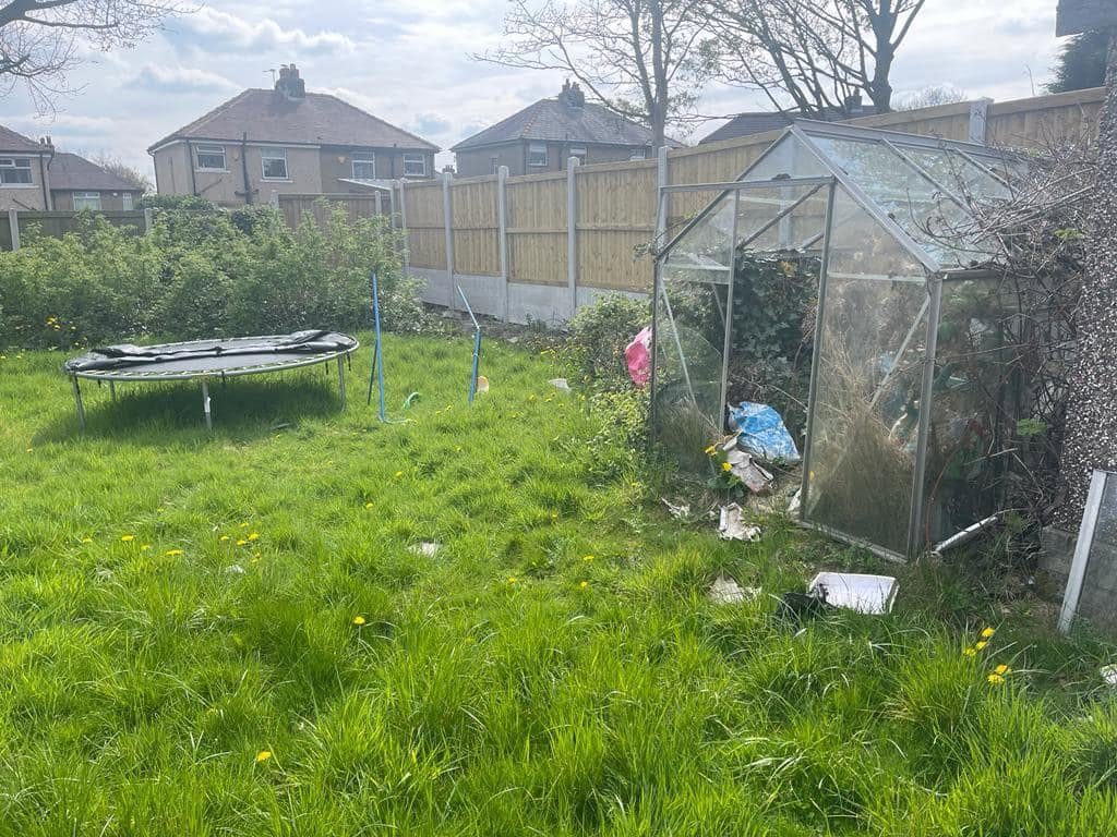 Overgrown lawn and greenhouse