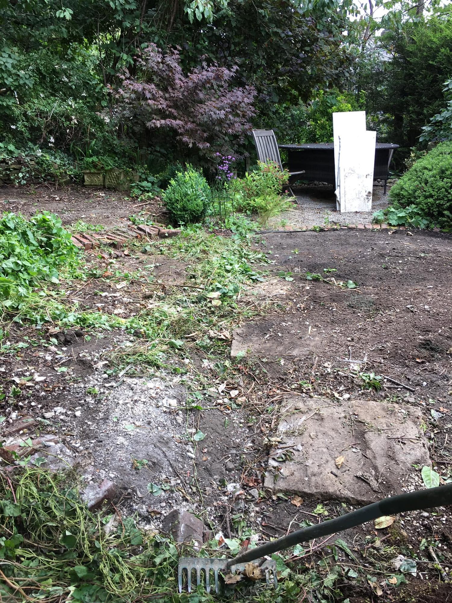 Partly cleared garden with soil and vegetation